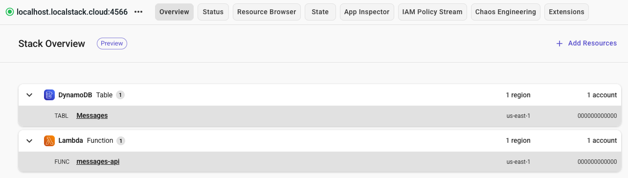 Stack Overview showing deployed resource types with counts